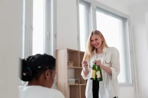 Smiley womens having beer at lunch
