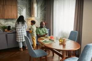 Full shot happy family at home