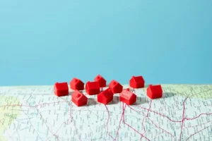 Close up on tiny houses on map