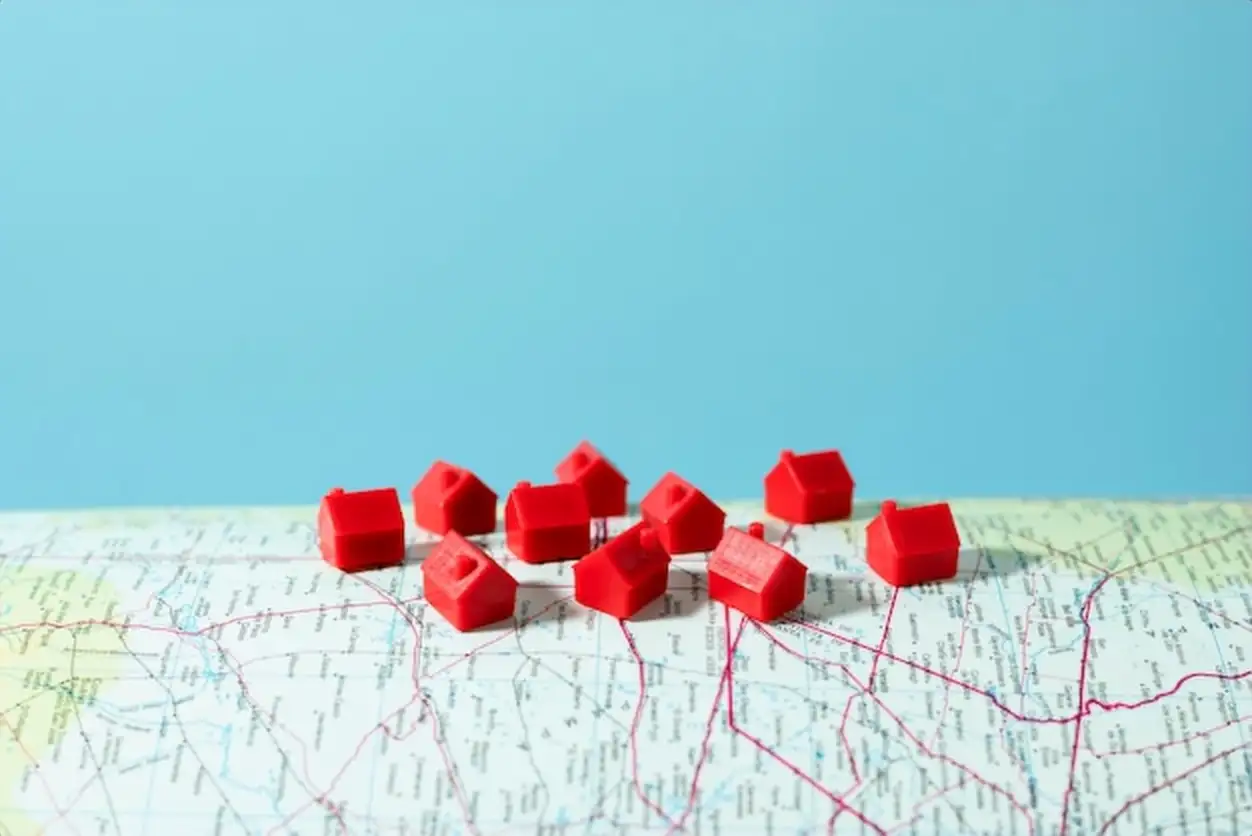 Close up on tiny houses on map