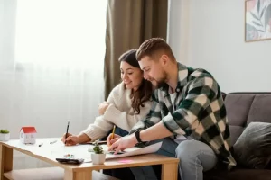 Medium shot couple sitting on couch