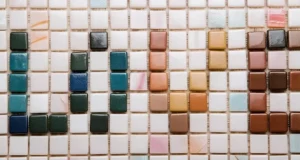 A wall of colorful tiles with the word love on it